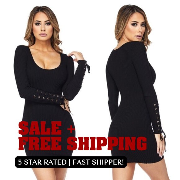 Large Black and Gold Knit Stretchy Mini Lace Up Sleeve Dress - Picture 1 of 10